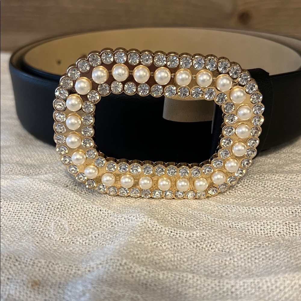 Blue faux leather belt with pearl & rhinestone buckle   Like new. 44” - Picture 2 of 3